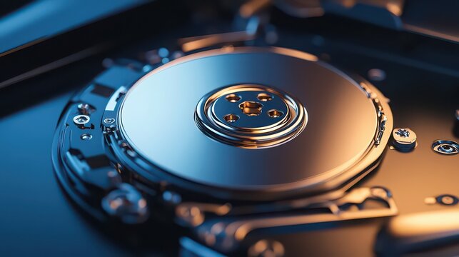 Close up of a hard drive platter with intricate details and metallic sheen - Powered by Adobe