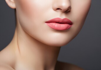 Obraz premium Close up beauty shot of a woman face with perfectly applied pink matte lipstick