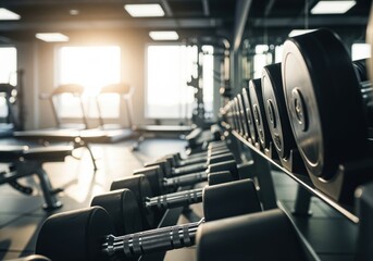 Fototapeta premium Row of heavy dumbbells on a rack in a modern fitness gym with bright windows