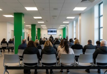 Fototapeta premium Diverse patients patiently waiting in a modern hospital clinic reception area