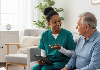 African american nurse consulting senior man with tablet at home