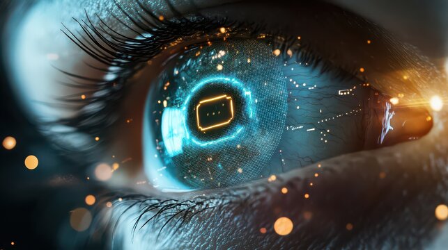 Close up of human eye with digital interface overlay representing future technology