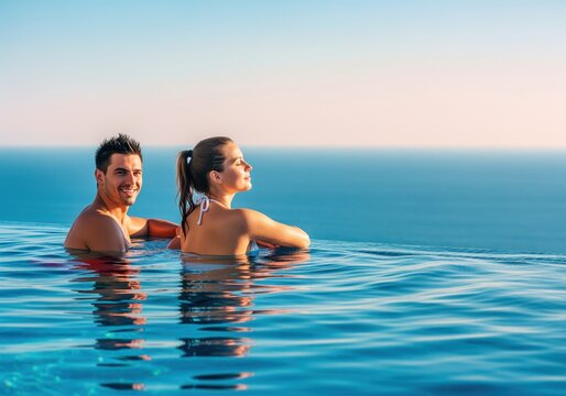 Joyful couple in infinity pool on tropical vacation with endless ocean view