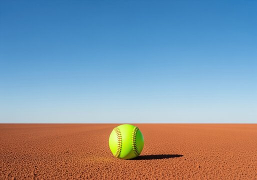 Vibrant neon green softball on a dirt field under a clear blue sky