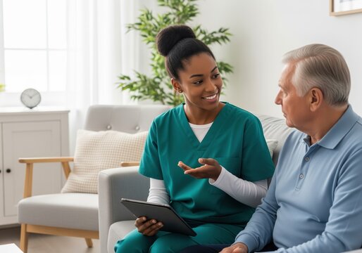 African american nurse consulting senior man with tablet at home