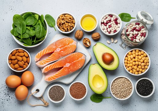 Healthy foods flat lay, salmon, avocado, nuts, seeds, eggs, rich in omega 3s
