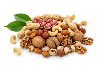 Nutritious mix of various nuts with green leaves for healthy snacking