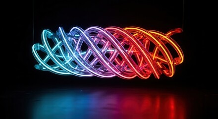Illuminated spiraling structure displays a gradient of vibrant neon colors against a dark background