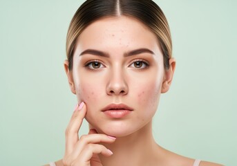 Young woman showing skin concerns with blemishes and redness on face
