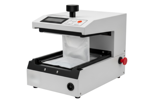 Automated tabletop vacuum sealing machine for plastic packaging on a transparent background