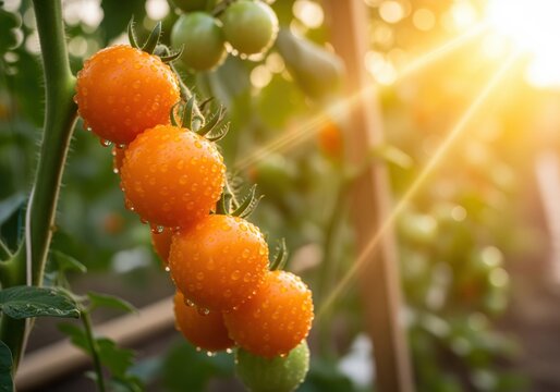 Vibrant orange cherry tomatoes with water drops on a green vine in sunlight