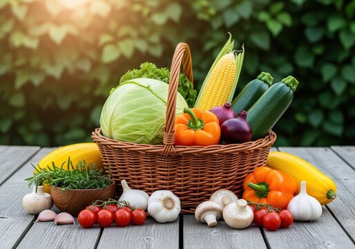 Rustic wicker basket overflowing with freshly harvested organic vegetables - Powered by Adobe