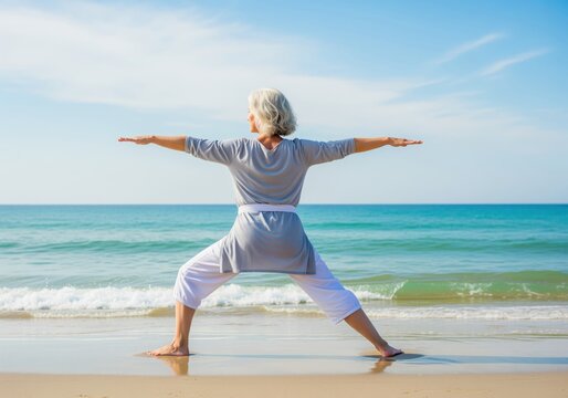 Graceful senior woman performing yoga on a serene sandy beach by the ocean