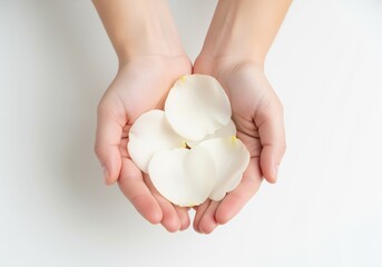 Young woman hands gently holding delicate white rose petals