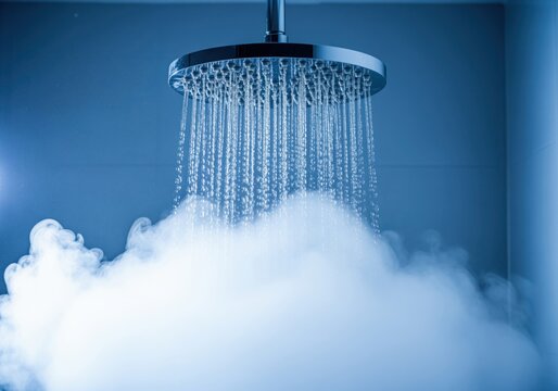 Modern chrome shower head with water flowing and steam rising