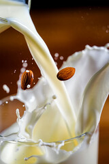 Fresh white dairy milk splash in a sweet glass during pouring close-up