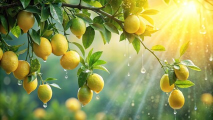 Lush Lemon Orchard Branch with Ripe Fruit Glistening in Sunlight After a Refreshing Rain Shower