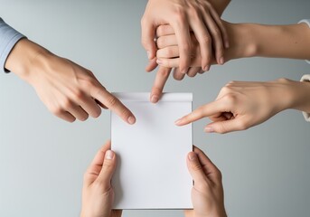 Multiple hands pointing at a blank notepad, symbolizing collaboration and shared ideas