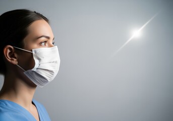 Young female doctor in profile wearing a protective surgical face mask