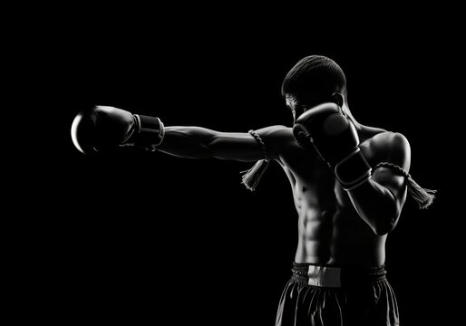 Powerful muay thai boxer delivering a punch in intense training - Powered by Adobe