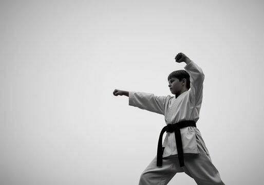 Determined young boy in karate gi with black belt performing a powerful punch