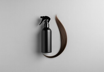 Matte black hair spray bottle with a sleek brown hair strand for beauty product display