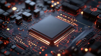 Close up of a modern computer chip on a circuit board with glowing lights