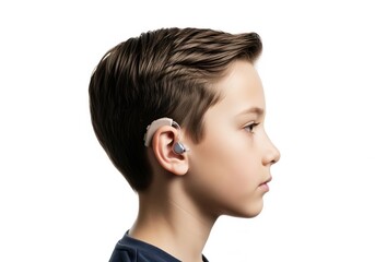 Fototapeta premium Young boy profile with modern hearing aid for improved hearing