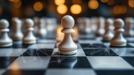 solitary white chess pawn on black and white chessboard with network connection lines, surrounded by blurred pawns and warm bokeh lights conveying focused determined strategy