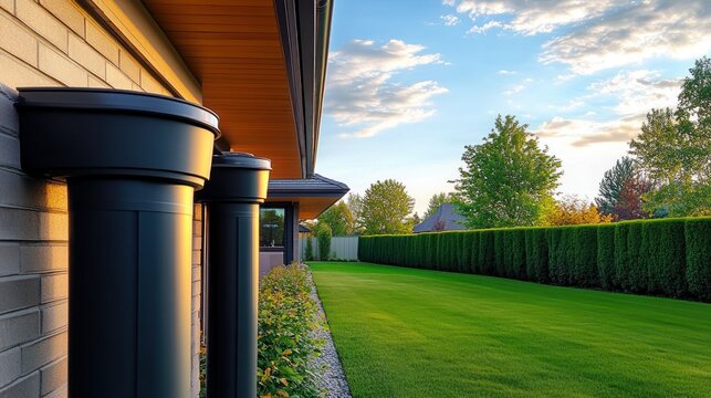 Serene suburban side yard with brick house, black rain downspouts, gravel planting strip, manicured green lawn, trimmed hedge, trees and golden hour sky