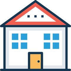 Simple two story house illustration with red roof and yellow door on a white background representing residential property and homeownership concept