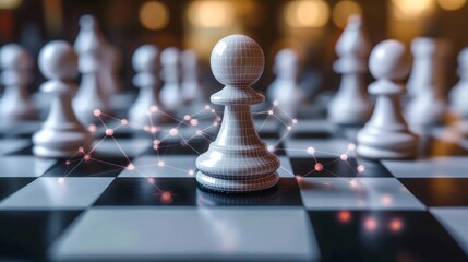 white pawn on chessboard with glowing network nodes and wireframe overlay, surrounded by blurred pawns conveying strategic focus and futuristic determination