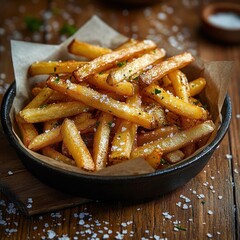crispy golden french fries in a cast iron bowl with coarse sea salt and parsley on a rustic wooden table, warm inviting comfort food mood