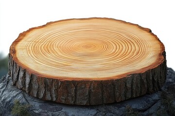 Tree trunk cross-section with visible growth rings and rough bark resting on a rock with moss, warm natural tones conveying calm rustic beauty