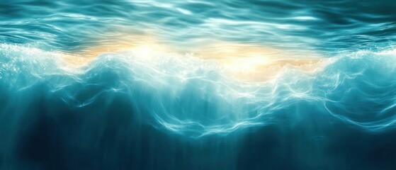 glowing turquoise ocean surface seen from below with sunlit waves, foamy crests and ethereal light rays conveying calm and awe