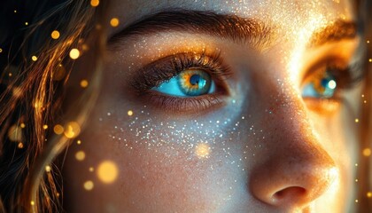 Close-up of long flowing auburn hair with warm golden bokeh lights against a dark background, creating a dreamy, magical and intimate mood