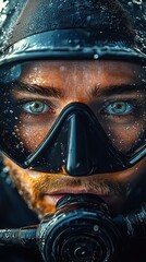 Close-up of wet black helmet with water droplets and circular vent, glossy textured surface in moody cool lighting conveying tension and mystery