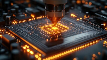 Precision toolhead etching a glowing microchip on a circuit board with orange illuminated traces and tiny sparks, conveying a futuristic meticulous high-tech atmosphere