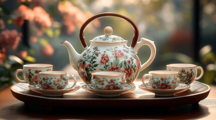 floral porcelain teapot with matching teacups and saucers on a wooden tray in warm sunlight, serene and inviting tea time setting