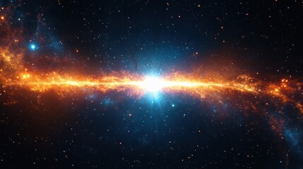 bright central stellar burst with a horizontal glowing orange galactic band, blue nebula clouds and scattered stars evoking awe and cosmic wonder