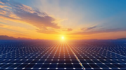 Solar panel array at sunset generating clean renewable energy for the future