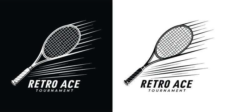 Retro ace tournament logo with tennis racket and motion lines, presented in both black and white versions for versatile design applications