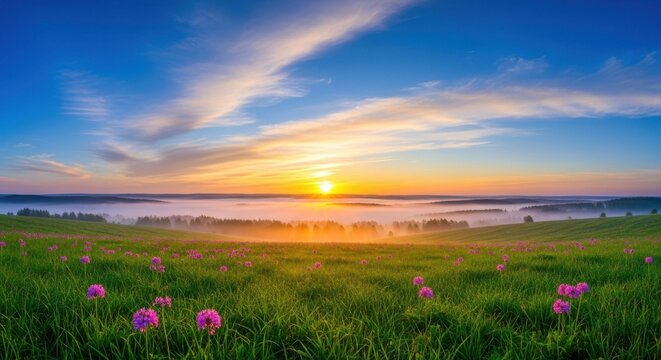 Vibrant sunrise over a misty green meadow dotted with pink wildflowers under a dramatic blue and orange sky, creating a serene and colorful natural landscape