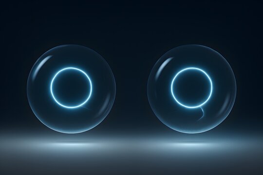 Two glowing blue neon rings inside transparent spheres on a dark background