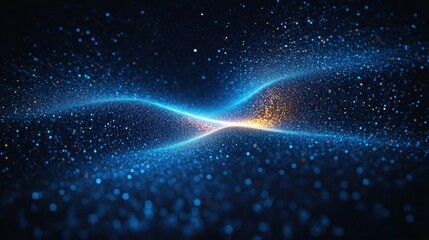 glowing blue particle waves converging into a warm golden center, sparkling flowing data field evoking calm wonder