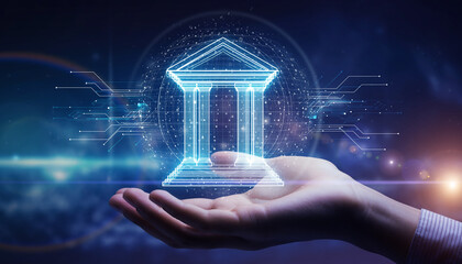 Digital Banking: a symbolic representation of a bank building floats gracefully above a gentle hand, interwoven with threads of digital circuitry.
