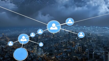 Aerial view of a cityscape with digital connections among people, showcasing urban networking technology - Powered by Adobe