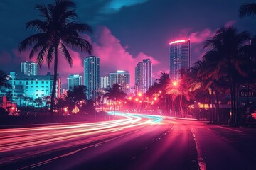 Vibrant nighttime cityscape with illuminated skyscrapers and palm trees lining a busy street with long light trails from moving vehicles under a deep blue and purple sky