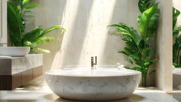 modern bathroom with a large round marble bathtub centered between two tall green leafy plants and a marble countertop sink bathed in natural sunlight streaming through a window - Powered by Adobe