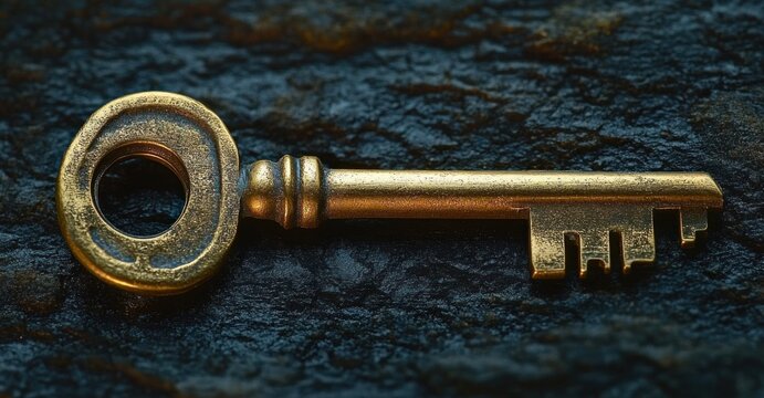close-up of an antique brass key resting on a dark textured surface evoking mystery and history
